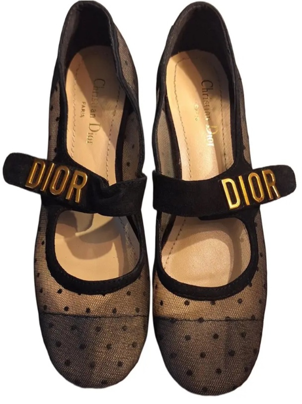 Dior Black Mesh Mary Jane Flats with Gold Lettering